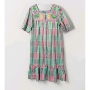 Vtg La Cera Nightgown Pastel Plaid Cotton Prairie Cottage Granny SZ Large FLAW